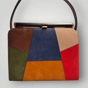 Vintage Patchwork Suede Leather Handbag Multicolor Color Block 1960s Excellent